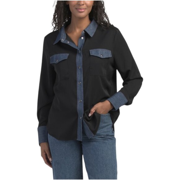 ELLEN TRACY Long Sleeve Shirt With Pockets And Denim Trim - Picture 1 of 3